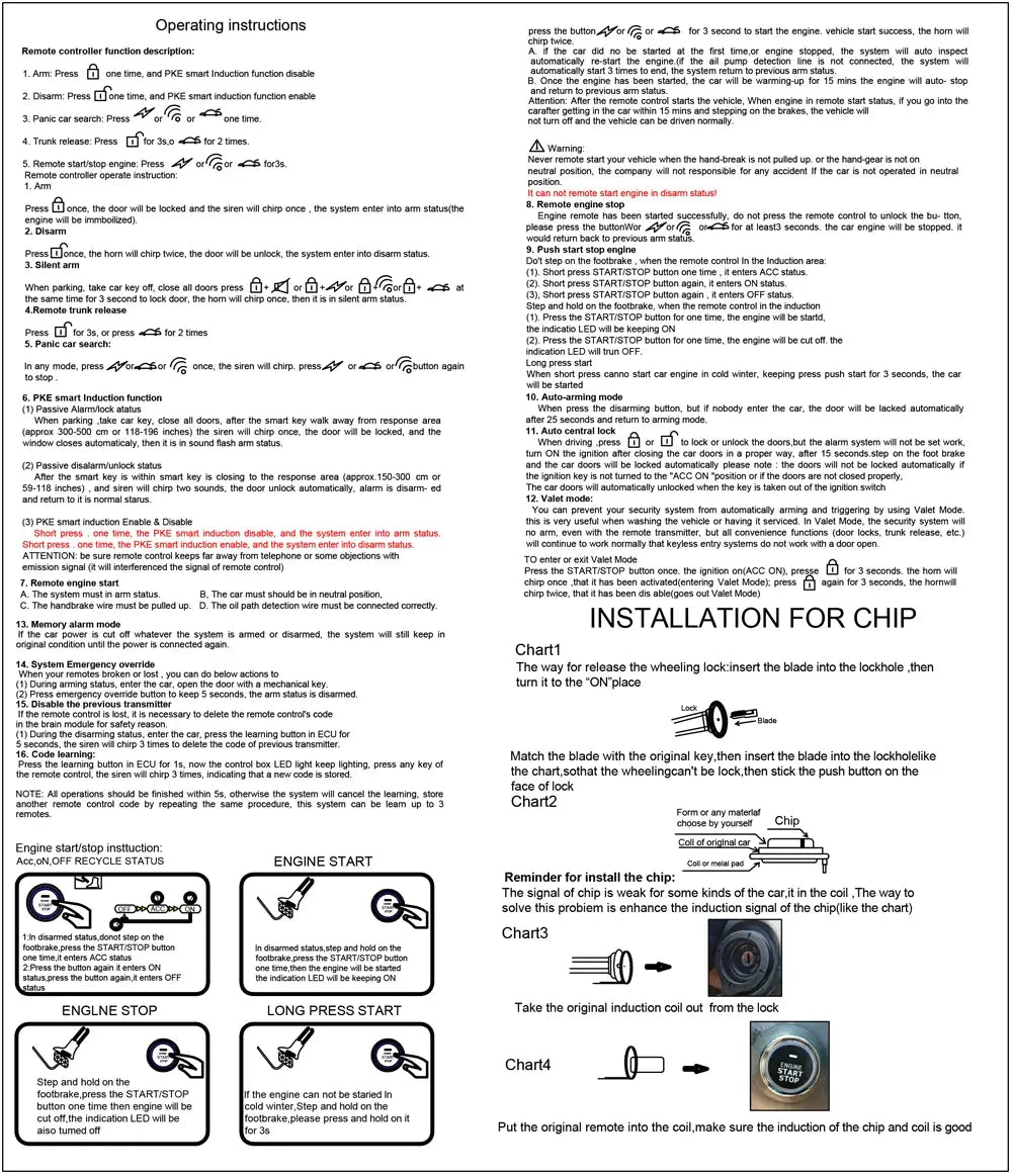 Hippcron Car Alarm Remote Control PKE Keyless Entry Engine Start System Push Button Starter Stop Auto