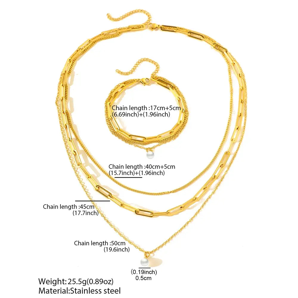 Stainless Steel Jewelry Set Elegant Delicate Pearl Pendant Luxury Multi-Layer Chain For Women