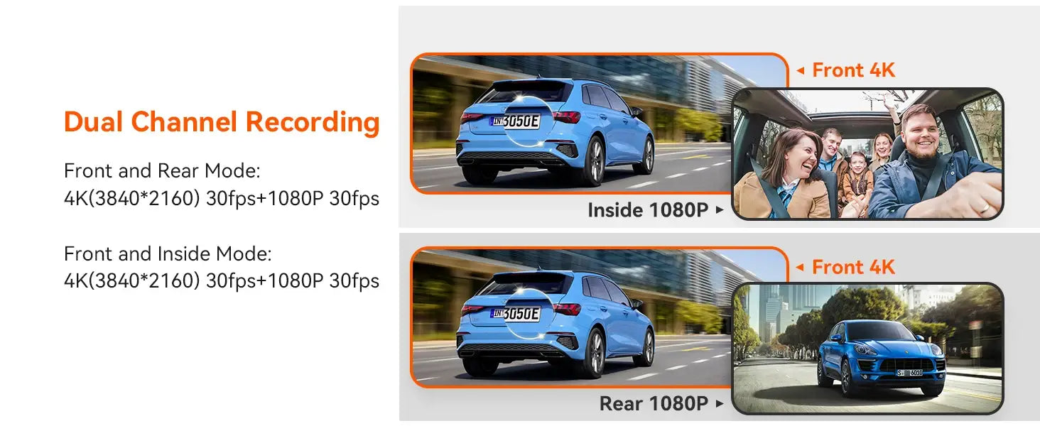 Blue Audi A3 with 4K 3-channel car DVR dash cam