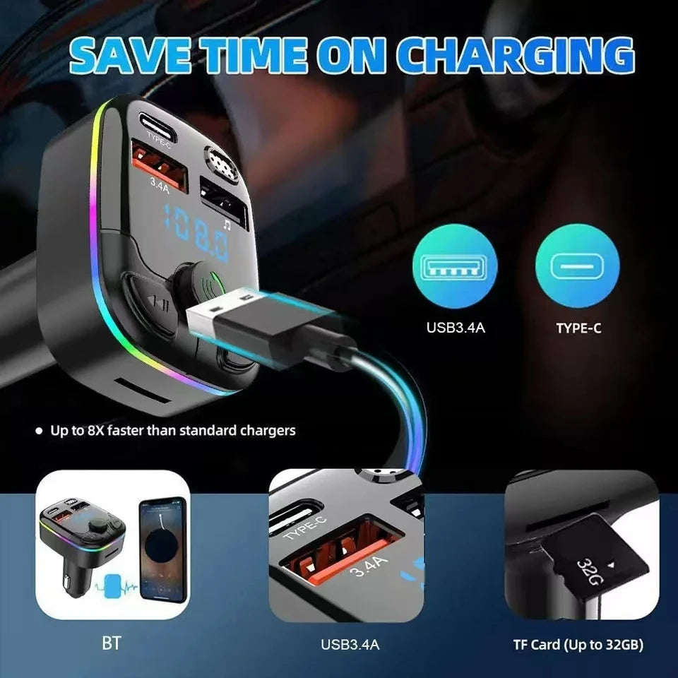 Car Charger FM Transmitter Bluetooth 5.0 PD Type-C Dual USB Ambient Player Handsfree MP3 Wireless Light