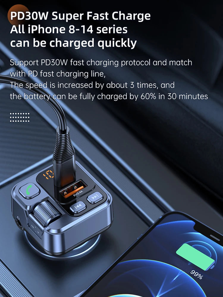 Silver metallic fast charging car adapter with USB ports, disk read PD20W, FM transmitter