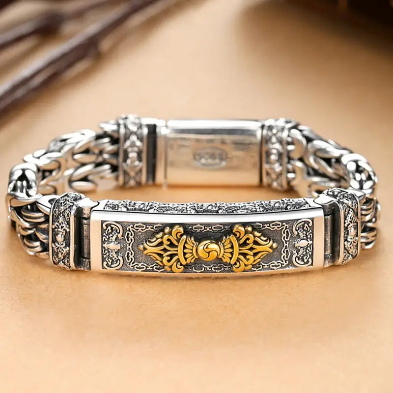 Ornate silver bracelet with gold Vajra symbol, crafted from real solid S925 silver in retro style