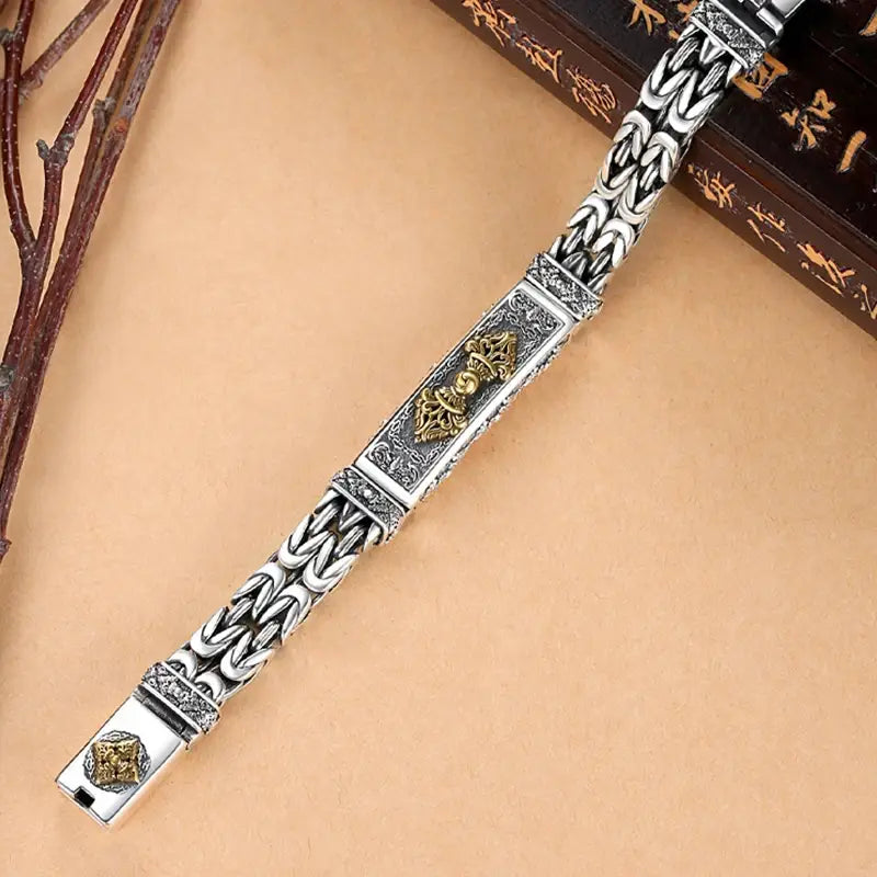 Real solid S925 silver retro men’s bracelet with ornate gold Vajra centerpiece and peace pattern chain