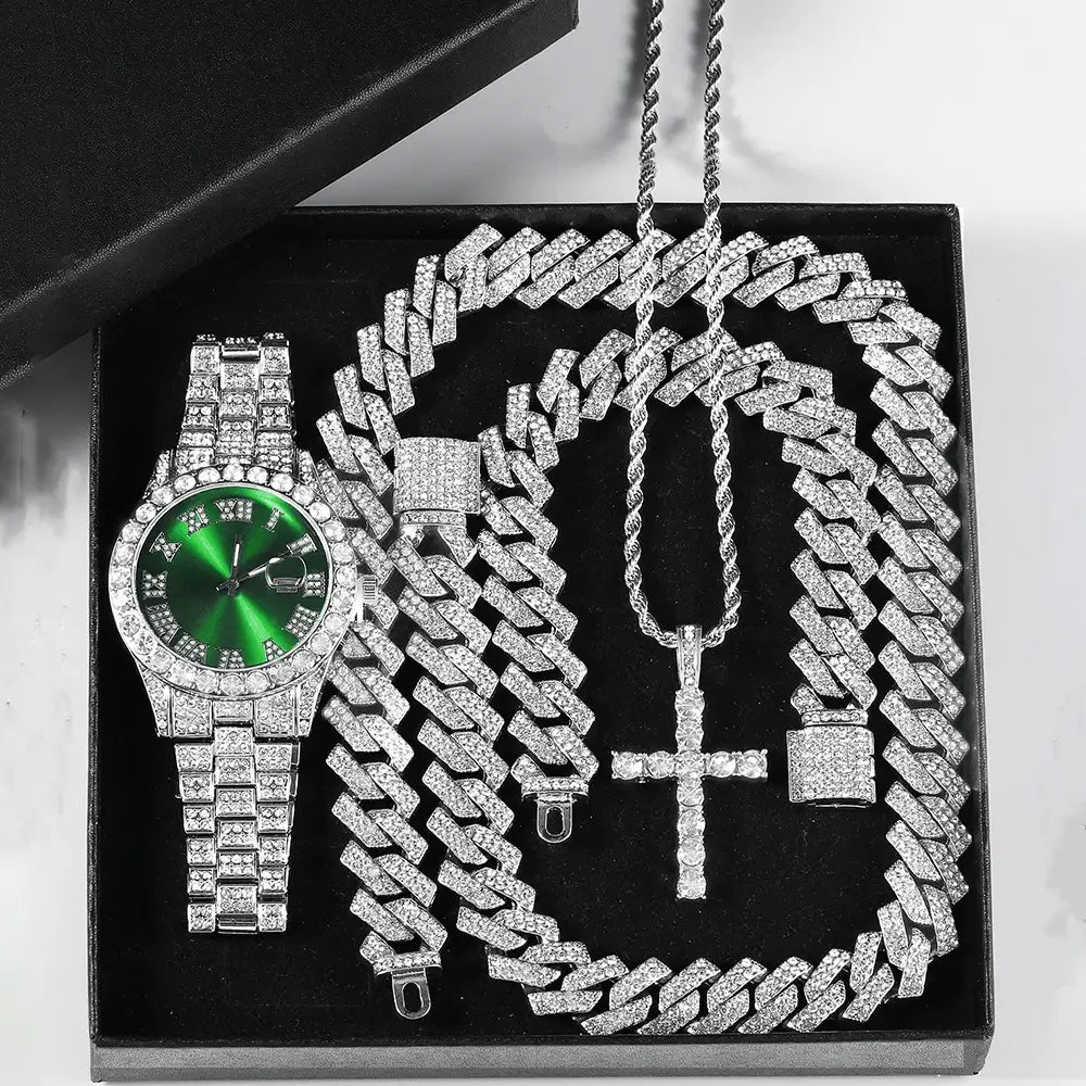 Exquisite Watch Set with Gift Box Cuban Chain Diamond Rhinestone Bracelet Pendant Cross Hip Hop Fashion Jewelry Men
