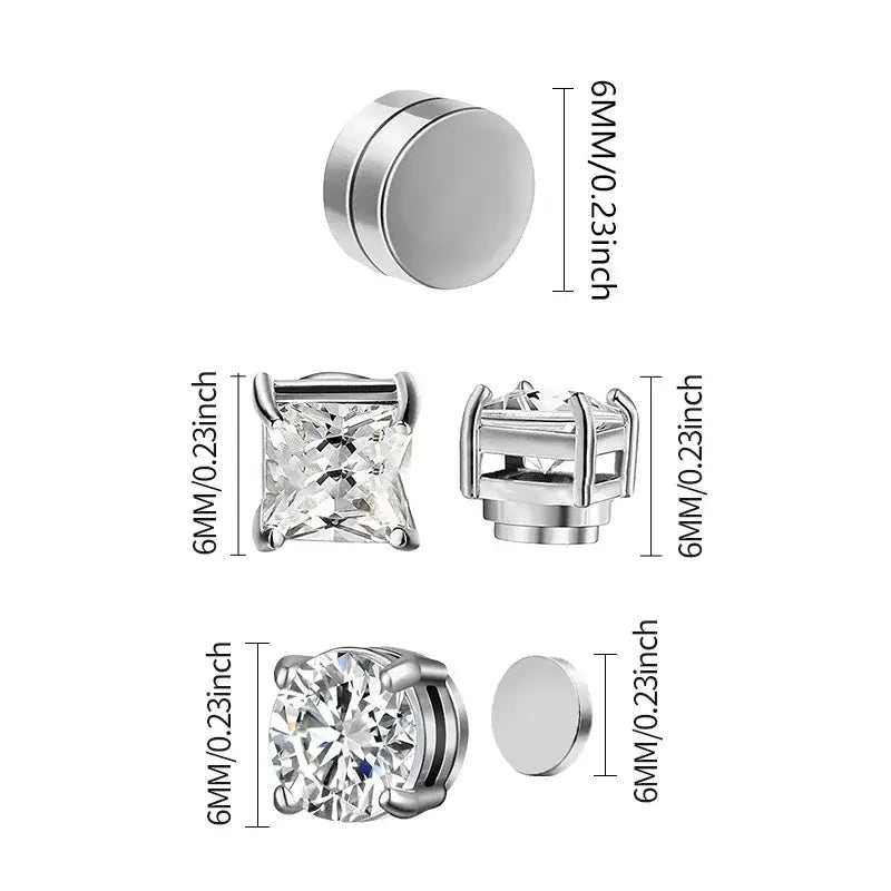 1/3Pairs 6MM Crystal Magnetic No-Pierce Stainless Steel Stud Earrings for Men Punk Zircon Magnet Non Piercing Jewelry