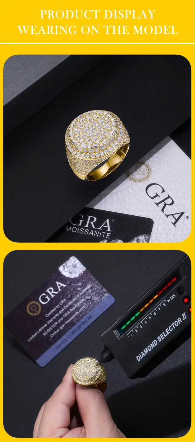 11.9 CTW Hip Hop Statement Moissanite Diamond Ring for Men 18K Gold Plated S925 Sterling Silver with Bold Urban Luxury