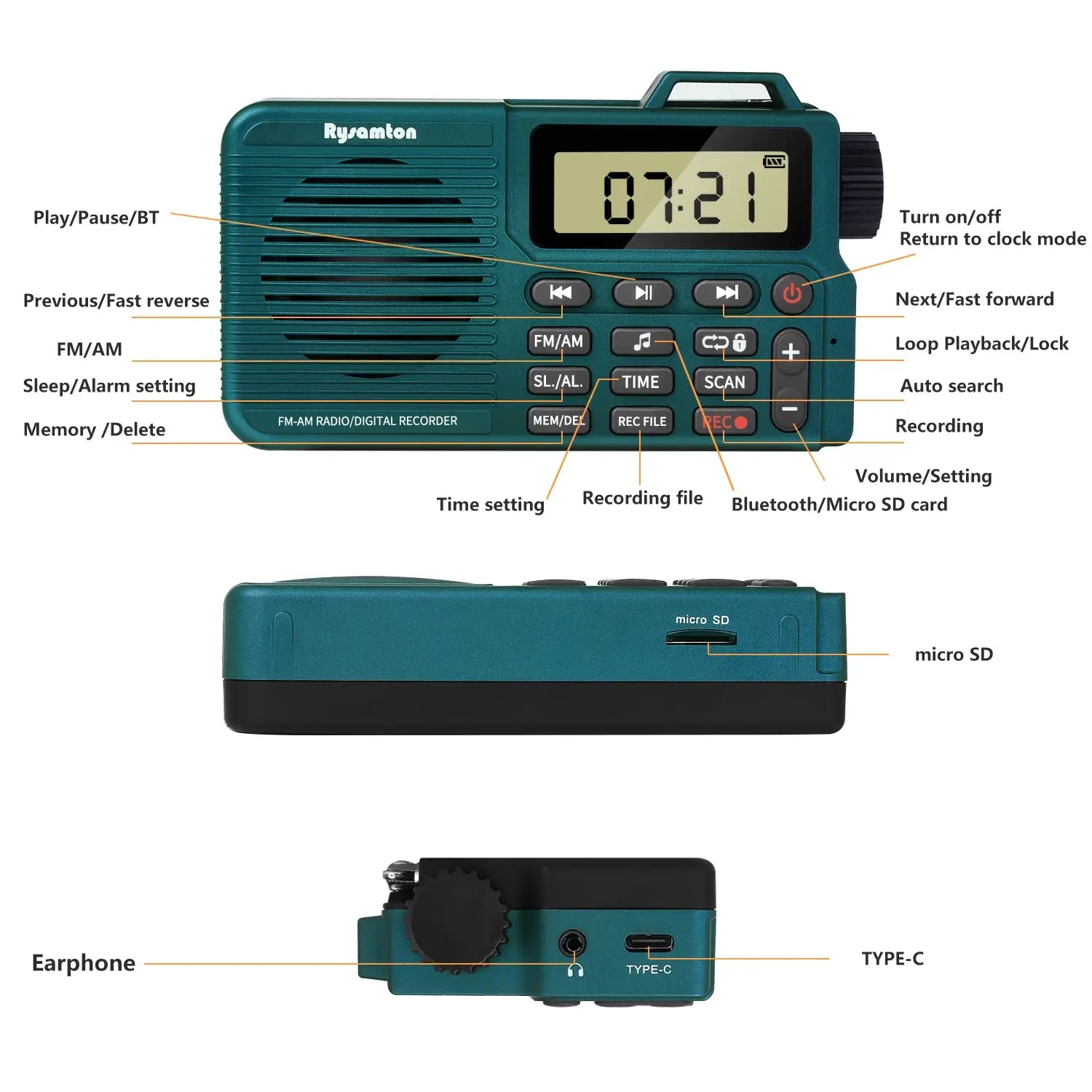 Portable AM/FM Radio Small Pocket with Bluetooth Bass Speaker Support Micro SD Card and Record Long Battery Life