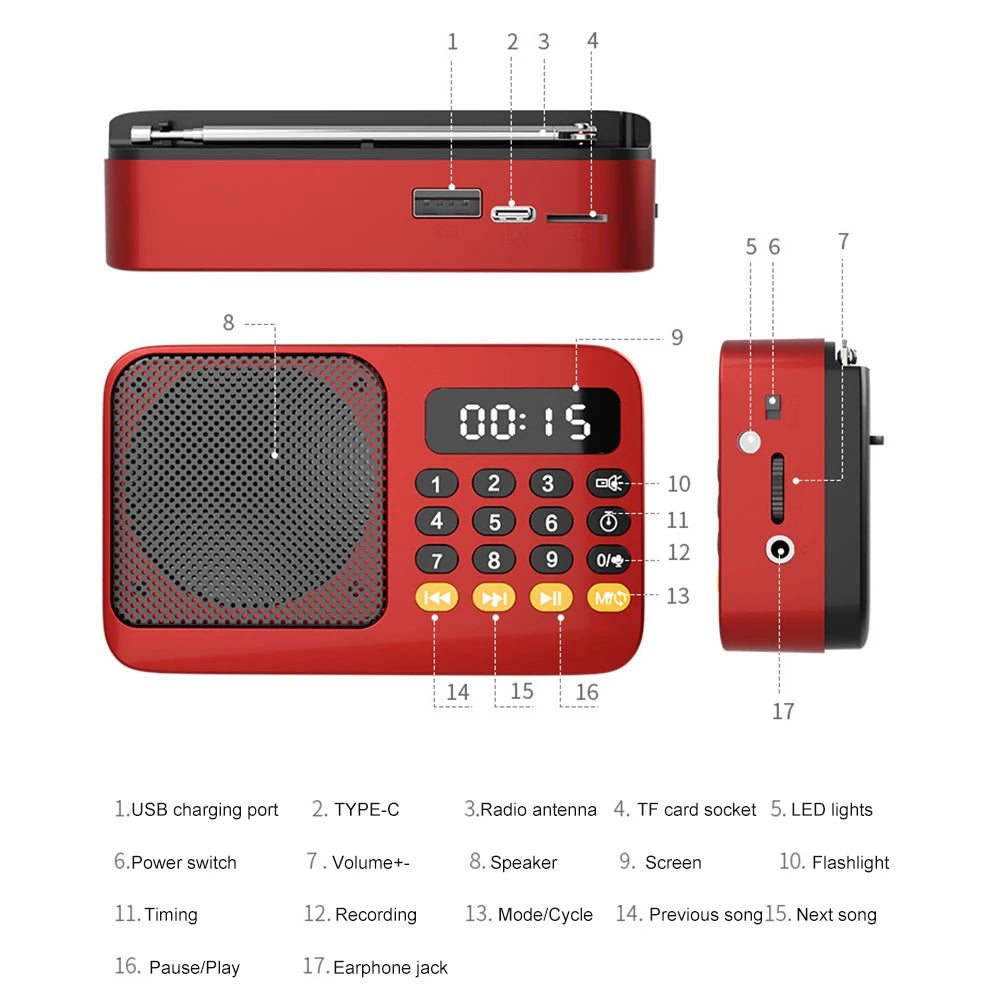 Red portable radio music player with LED display and controls