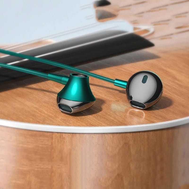 Sleek teal silver wired earbuds with microphone bass HiFi stereo