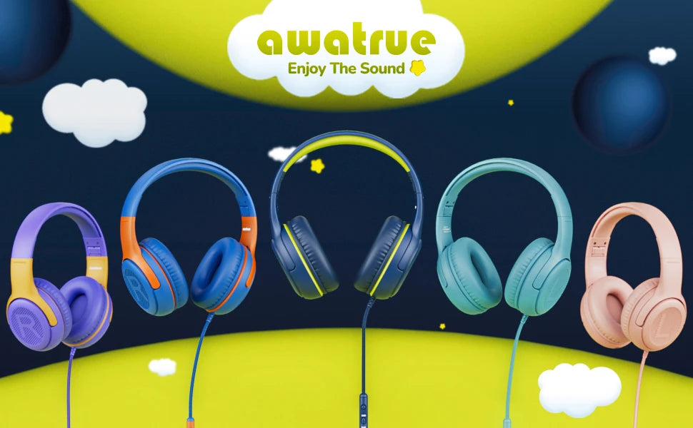 Awatrue AT2 kids over-ear stereo gaming headphones in vibrant colors with mic soft memory earmuffs