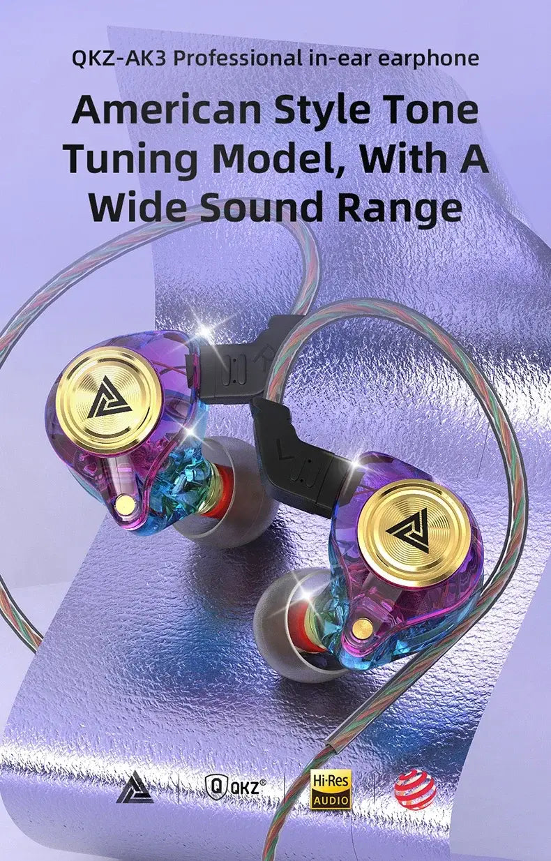 Iridescent purple and blue QKZ AK3 FiLe wired earphones with gold accents.