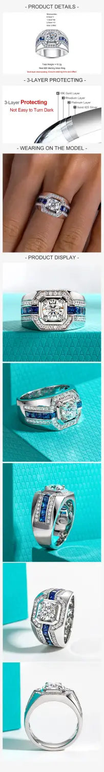 Gazing Jewelry1Carat D Color Moissanite Men’s Ring 925 Sterling Silver Gold Plated Retro and Luxurious Lab-Created