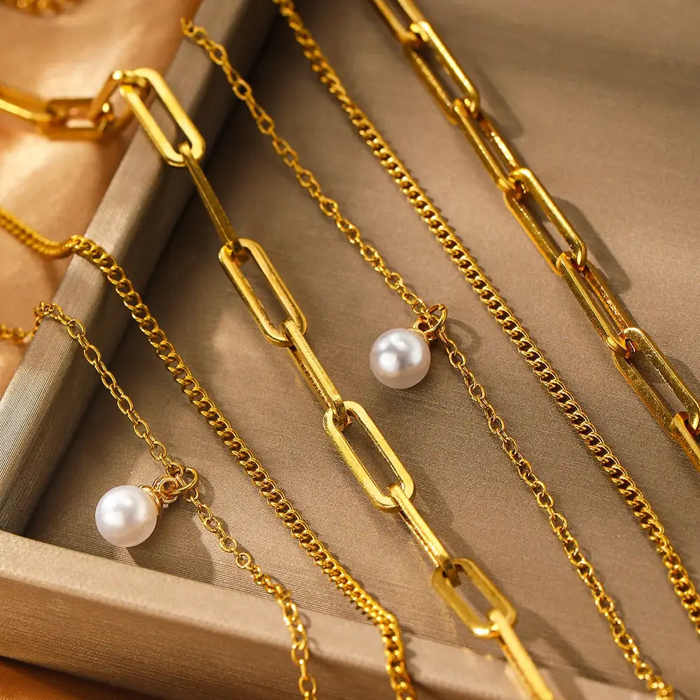 Stainless Steel Jewelry Set Elegant Delicate Pearl Pendant Luxury Multi-Layer Chain For Women
