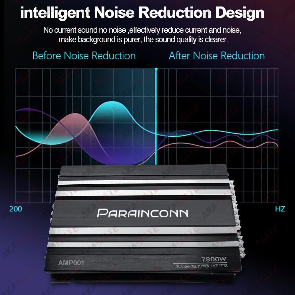 Black and silver Parainconn AMP001 7800W 4/5 channel car audio amplifier with stereo surround for passive subwoofer