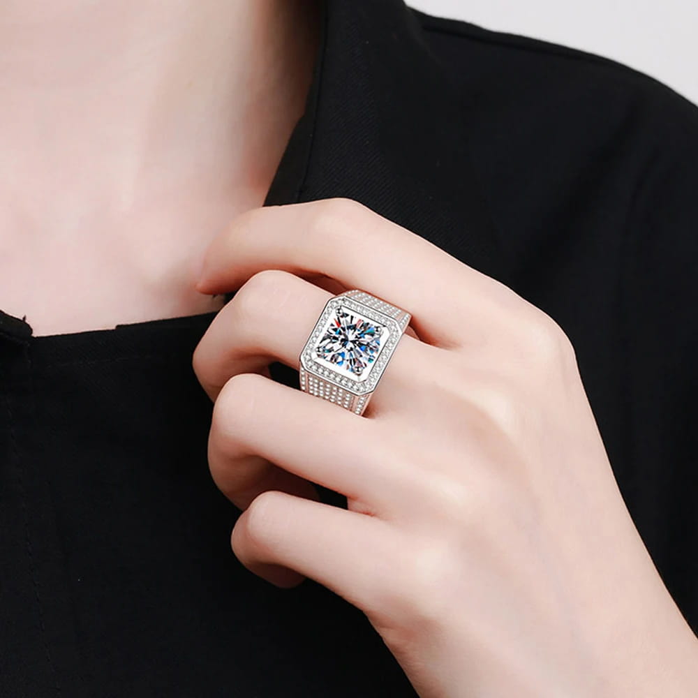 KNOBSPIN 5ct D Color Moissanite Ring 925 Sterling Sliver Plated 18k Eternity Band Hip Hop Rings for Man Party Sparkling