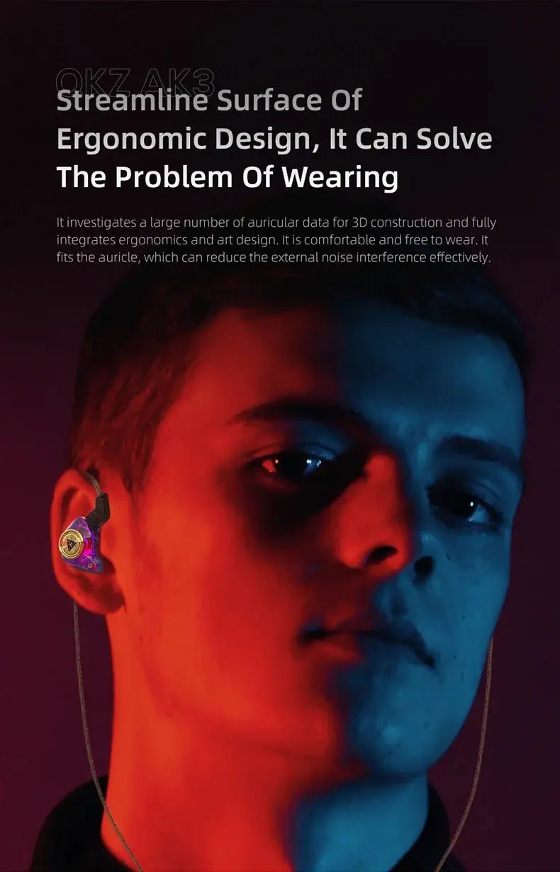 QKZ AK3 FiLe wired earbuds with purple gold inlay and ergonomic design