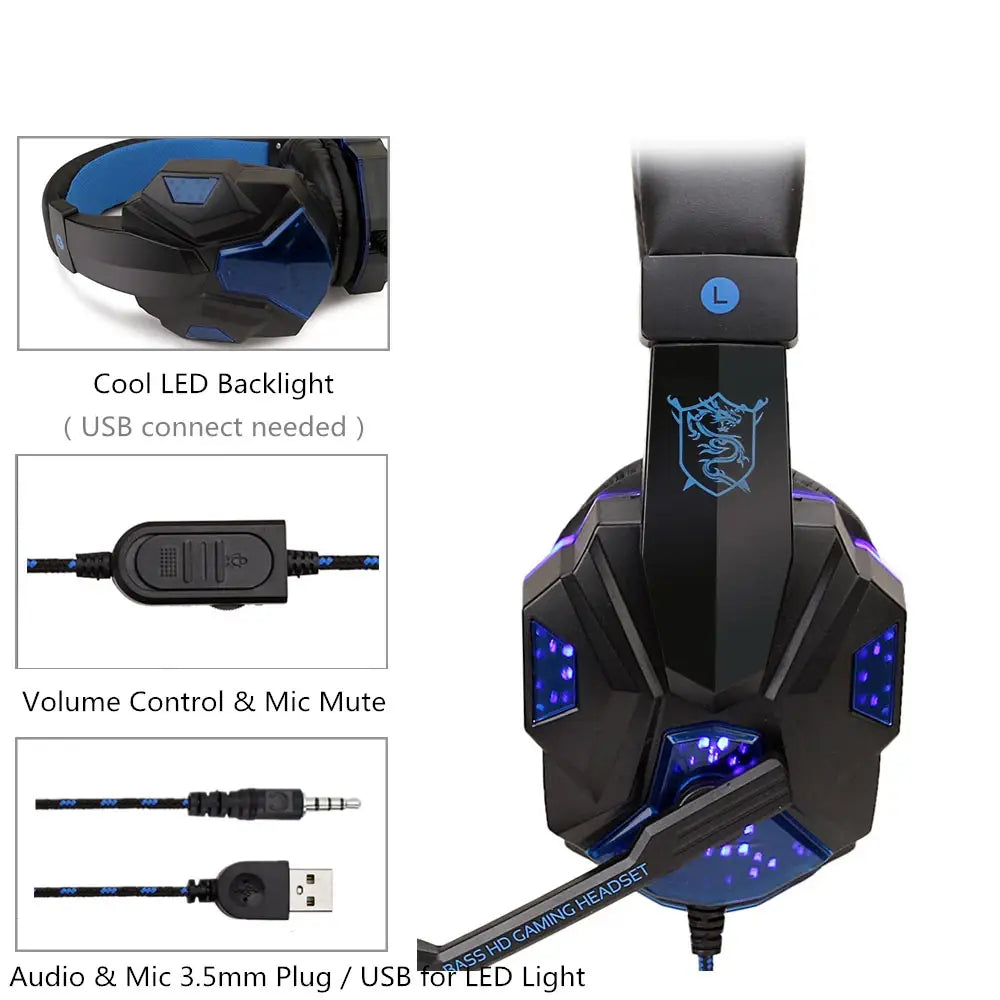 Wired Gaming Headphones With LED Light Noise-cancelling Gamer Headset Microphone for PC Computer Laptop For PS4 PS5 Xbox