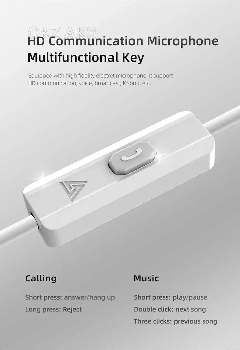 QKZ AK3 FiLe wired earphones with white multifunctional key, HD mic and controls