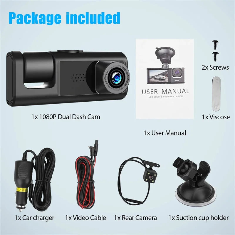 3 Channel Car DVR HD 1080P 3-Lens Inside Vehicle Dash CamThree Way Camera DVRs Recorder Video Registrator Dashcam