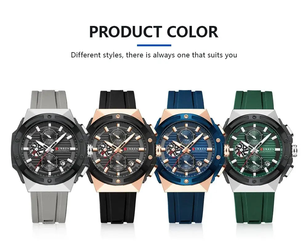 CURREN Fashionable Sports Multifunctional Chronograph Quartz Watch with Silicone Strap Creative Design Dial Luminous