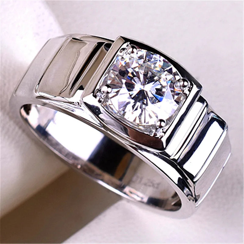Imitation Mosan Diamond Resizable Men’s Ring Plated With 18K Platinum Four-Claw Inlaid Trapezoidal Design Tidy Men