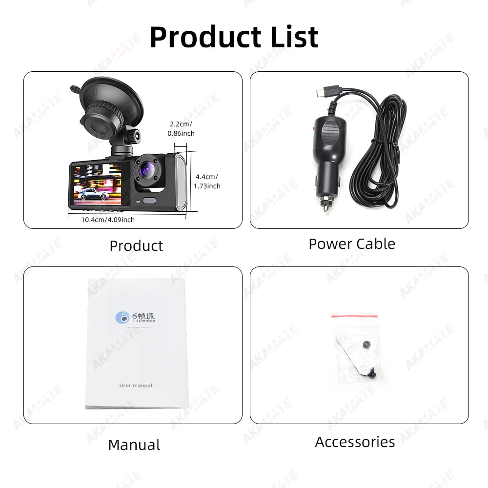 Car DVR 3 Cameras Recorder Rear Inside Vehicle 3-Lens Dash Cam Three Way Camera DVRs Dashcam Channel Video Camcorde