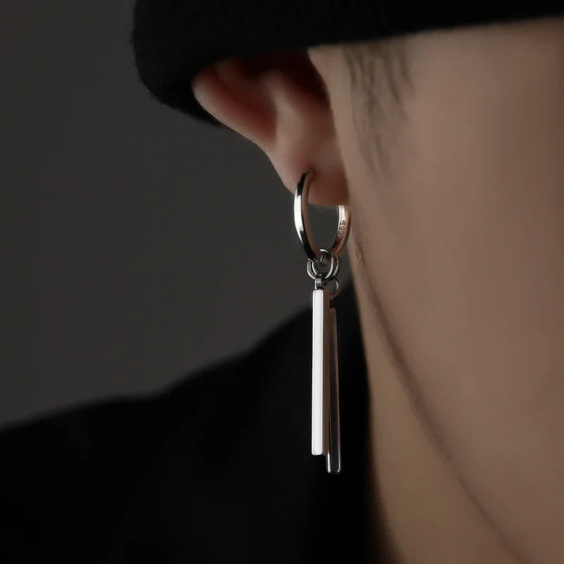 Trendy Men Earrings Minimalist Long Strip Double Stick 925 Sterling Silver Ear Buckle Male Cool Personality Dropping