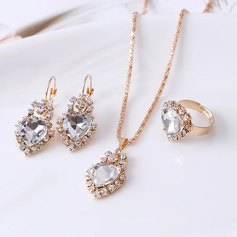 Jewelry Sets Women Wedding Set for Brides Gold-Color Zirconia Earring Pendant Necklace Ring