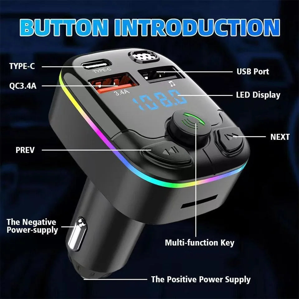 Car Charger FM Transmitter Bluetooth 5.0 PD Type-C Dual USB Ambient Player Handsfree MP3 Wireless Light