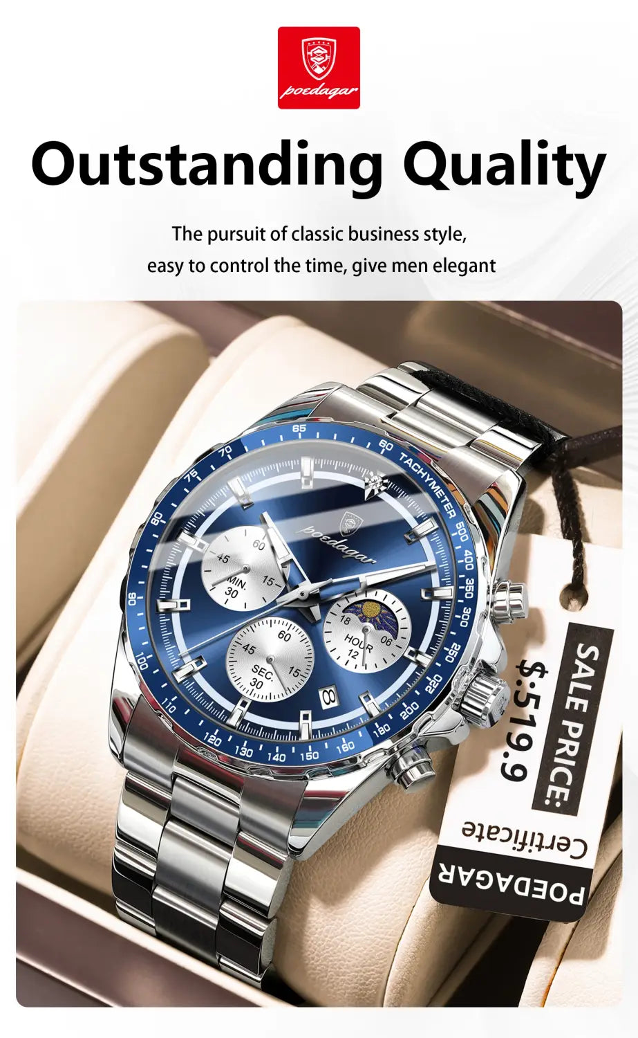 POEDAGAR Original Men Clock Sports Waterproof Luminous Chronograph Date Watch For Man Stainless Steel Quartz Men’s