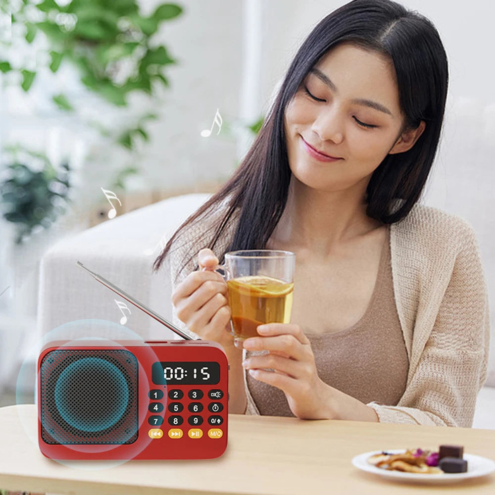 Red portable radio music player with LED display and keypad