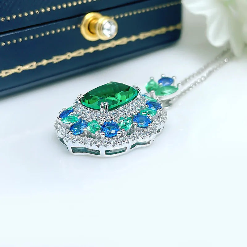 Europe America Luxury Platinum Plated Jewelry Sets Fashion Women Bridal Square Green Stone Pendant Necklaces Earrings