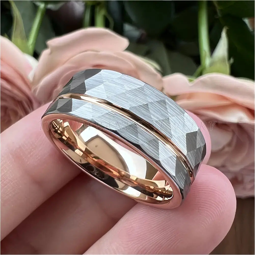 8mm Women Wedding Ring Tungsten Carbide Engagement Band Fashion Jewelry Hammered Brushed Finish Grooved Comfort Fit
