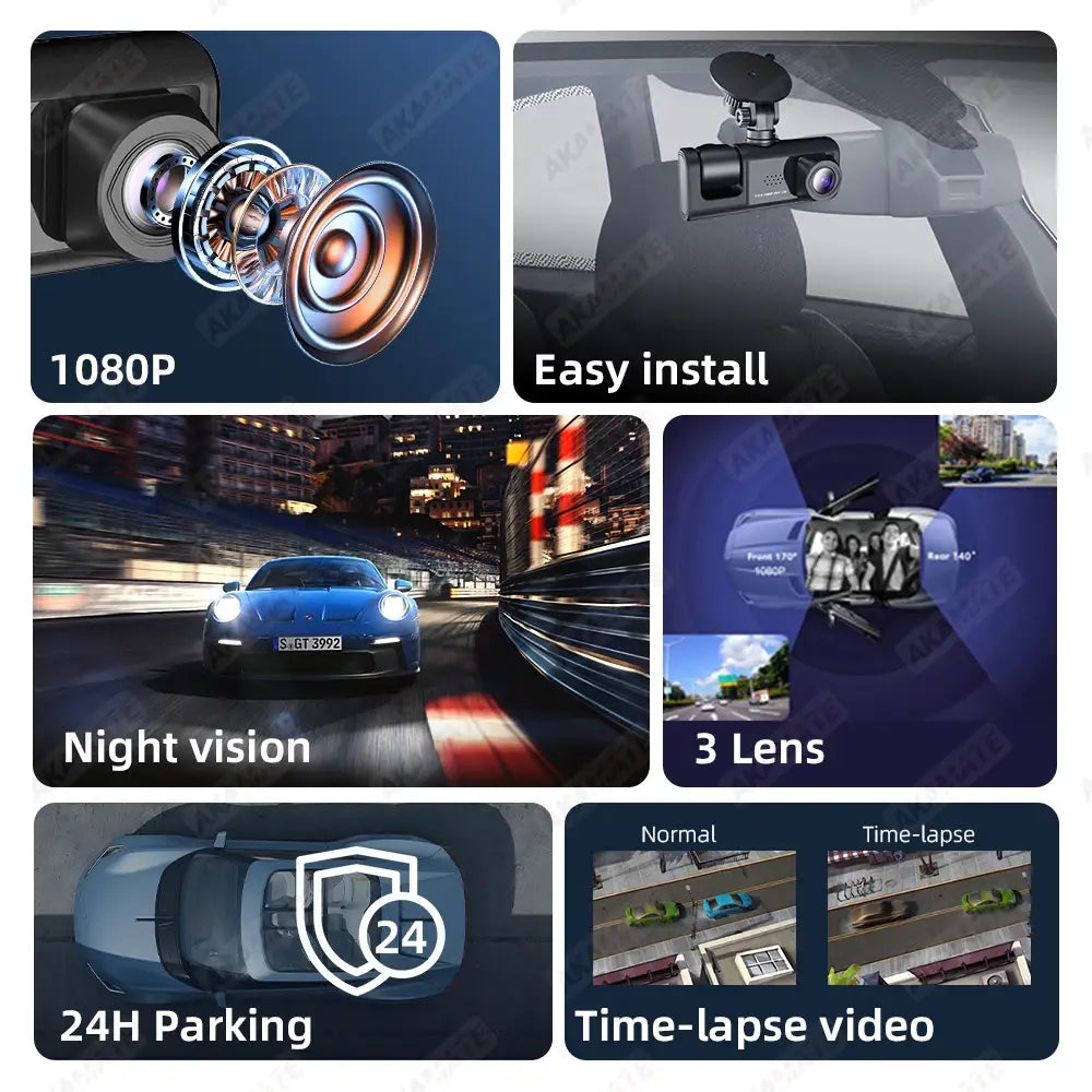 Car DVR 3 Cameras Recorder Rear Inside Vehicle 3-Lens Dash Cam Three Way Camera DVRs Dashcam Channel Video Camcorde