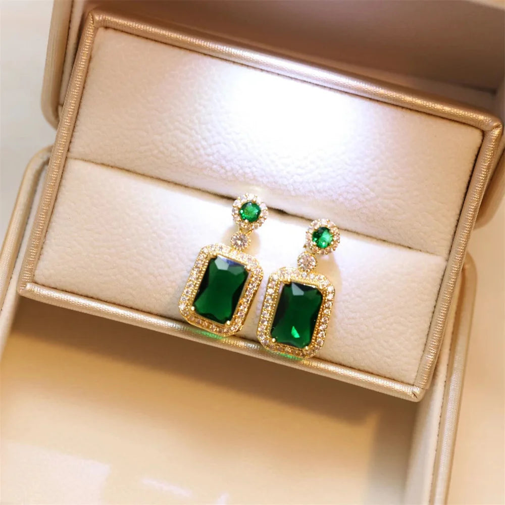 Classic Women’s Three-piece Jewelry Set Statement Emerald Ring Fashion Green Zircon Earring Necklace Wedding Sets
