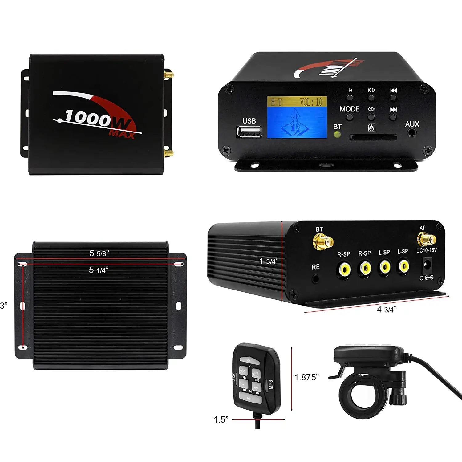 1000W 4CH Multmedia Power Amplifier with Bluetooth FM Radio USB AUX SD Card Compact Audio Player for Cars Motorcycles
