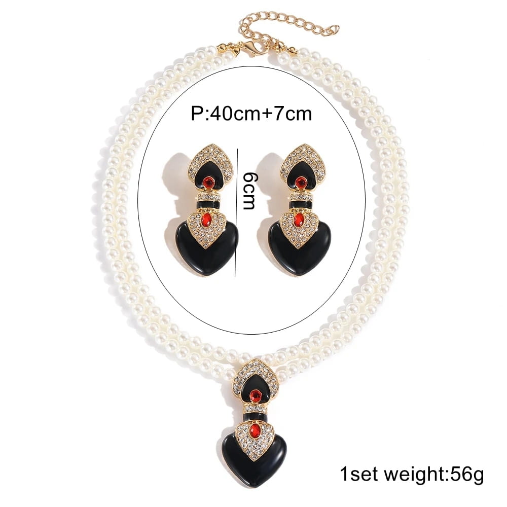 Bride Wedding Jewelry Set Elegant Enamel Rhinestone Love Imitation Pearl Beaded Necklace and Earrings Women’s Party