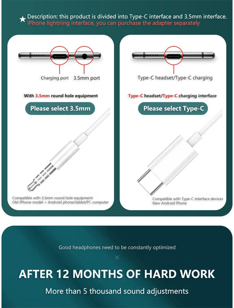 White 3.5mm to Type-C audio cable for wired ear headset with microphone bass hifi