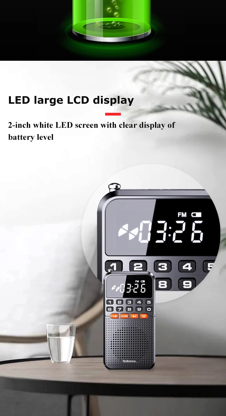 Portable FM Mini Radio Dual Antenna Pocket Receiver Bluetooth 5.0 Speaker TF Card Music Player with LED Flashlight