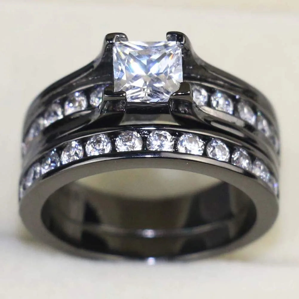 Fashion Couple Rings Women’s White Rhinestones Zircon Ring Sets Men’s Stainless Steel Stones Wedding Band Jewelry