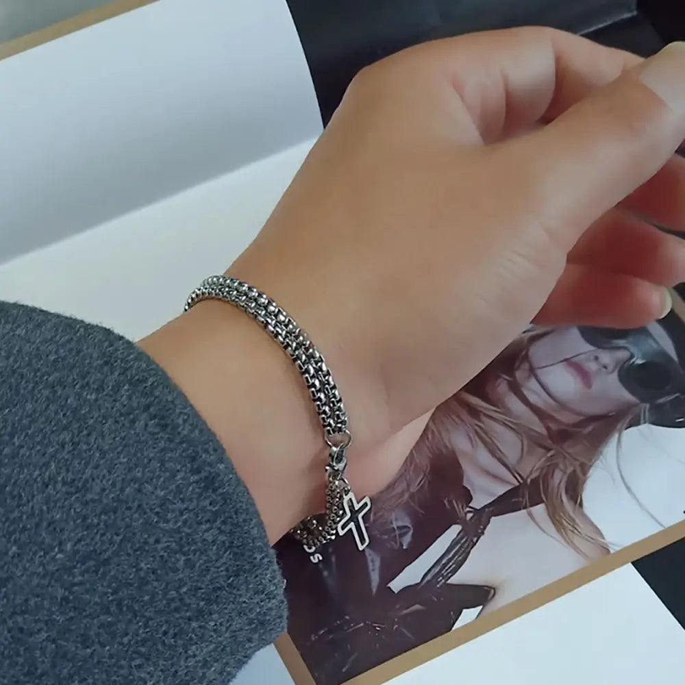 Men’s Fashion Double Chain Cross Hollow Wrist Bracelets Lobster Claw Clasp Stainless Steel Bracelet Hip Hop Punk Party