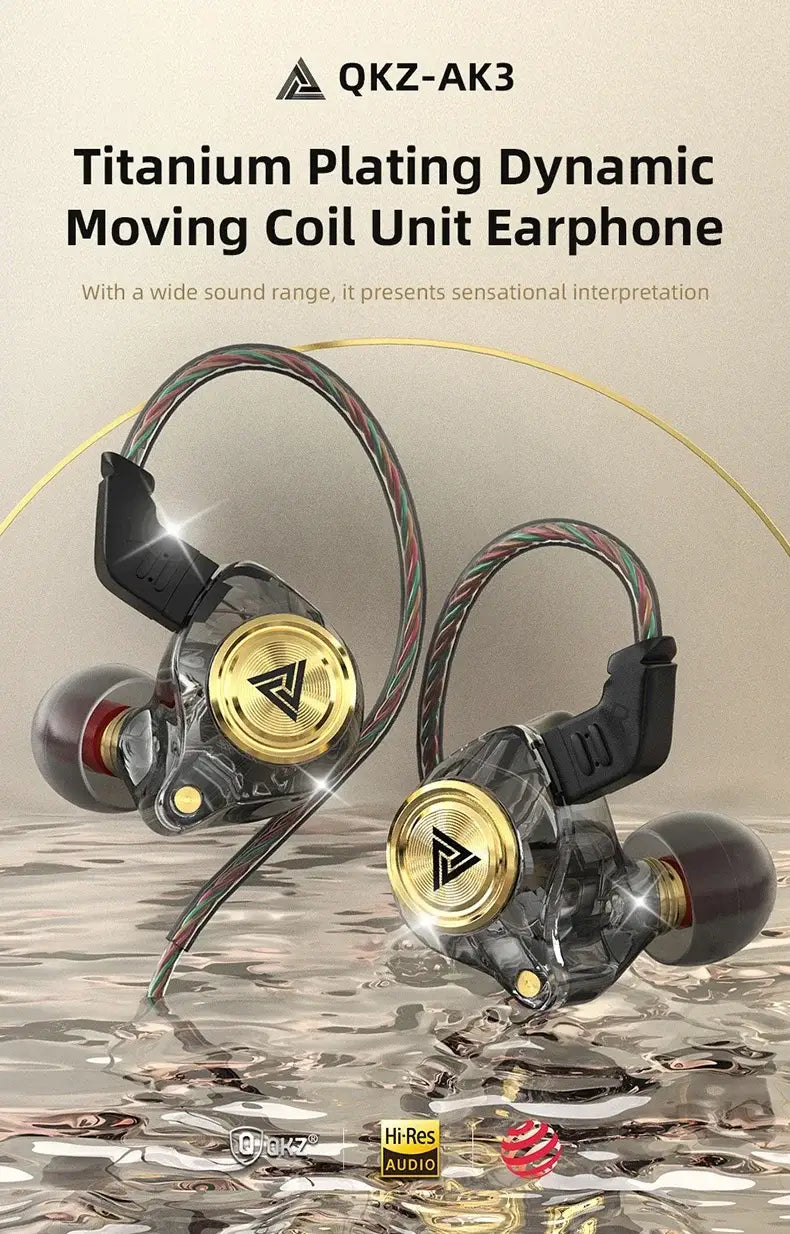 QKZ AK3 FiLe titanium-plated dynamic coil in-ear earphones with gold accents