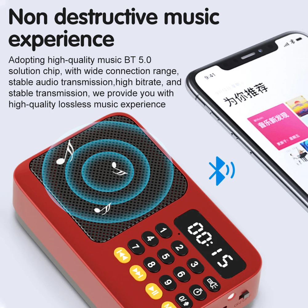 Red portable radio music player with Bluetooth speaker, LED display, FM USB TF MP3