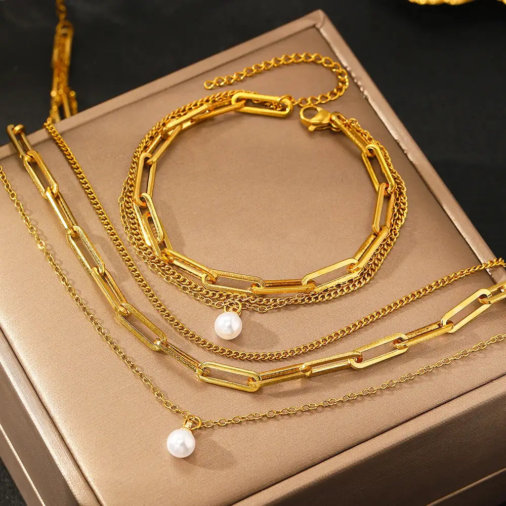 Stainless Steel Jewelry Set Elegant Delicate Pearl Pendant Luxury Multi-Layer Chain For Women