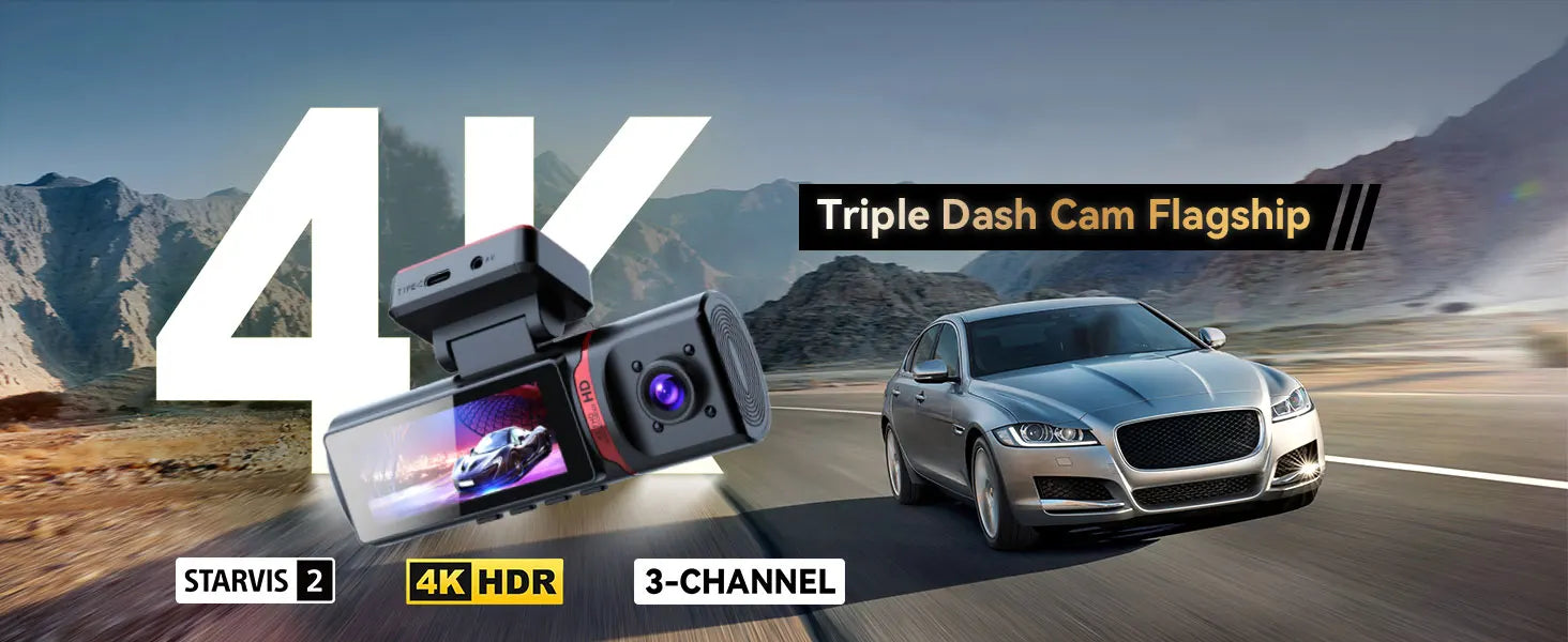 Black and red 3-channel car DVR dash cam with 4K HDR display