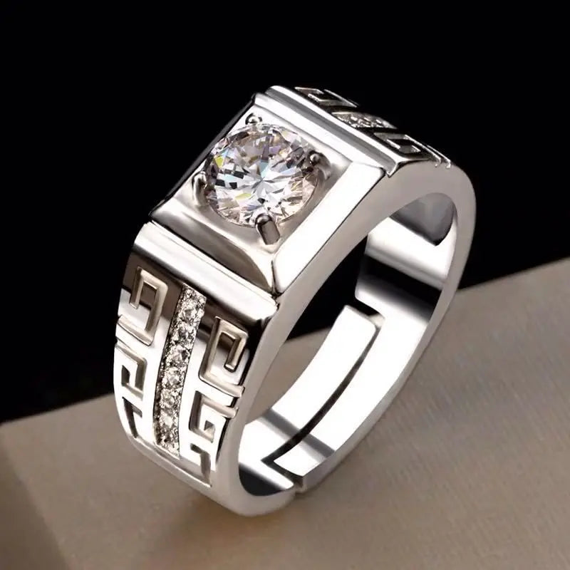 Sterling silver fine big crystal men’s ring with ornate band and diamonds