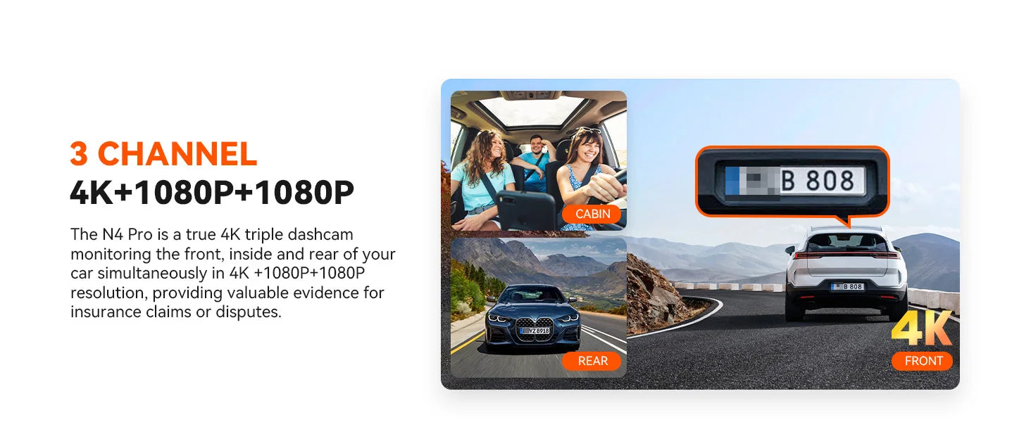 Sleek 3-channel car DVR dash cam with 4K UHD triple recording