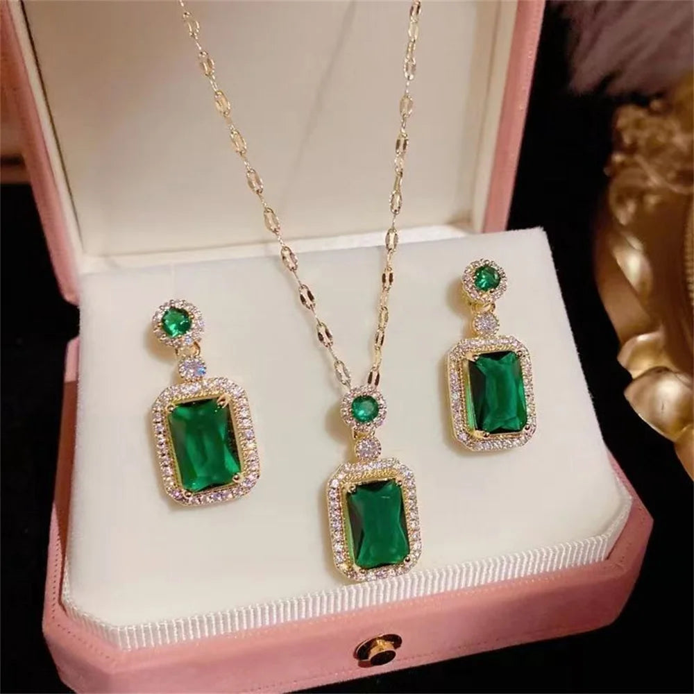Classic Women’s Three-piece Jewelry Set Statement Emerald Ring Fashion Green Zircon Earring Necklace Wedding Sets