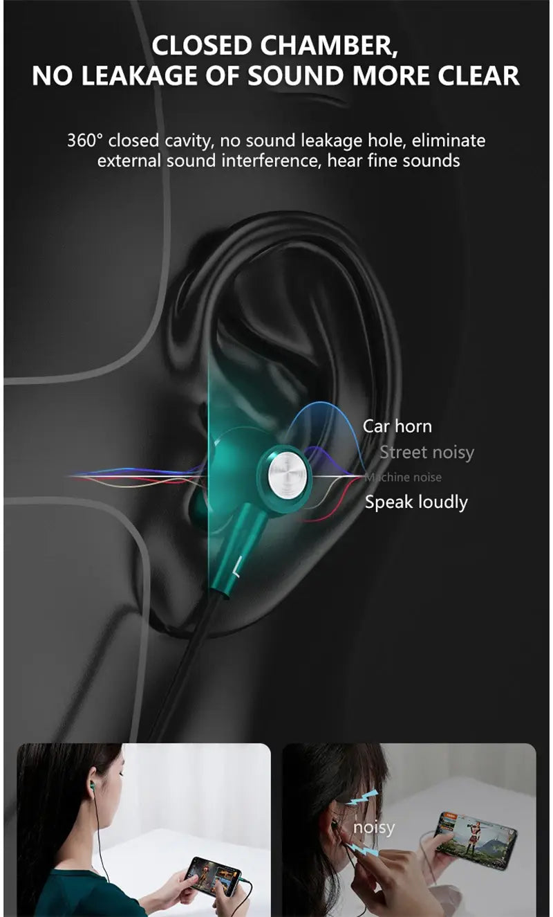 Teal wired ear headset with microphone bass hifi and noise isolation