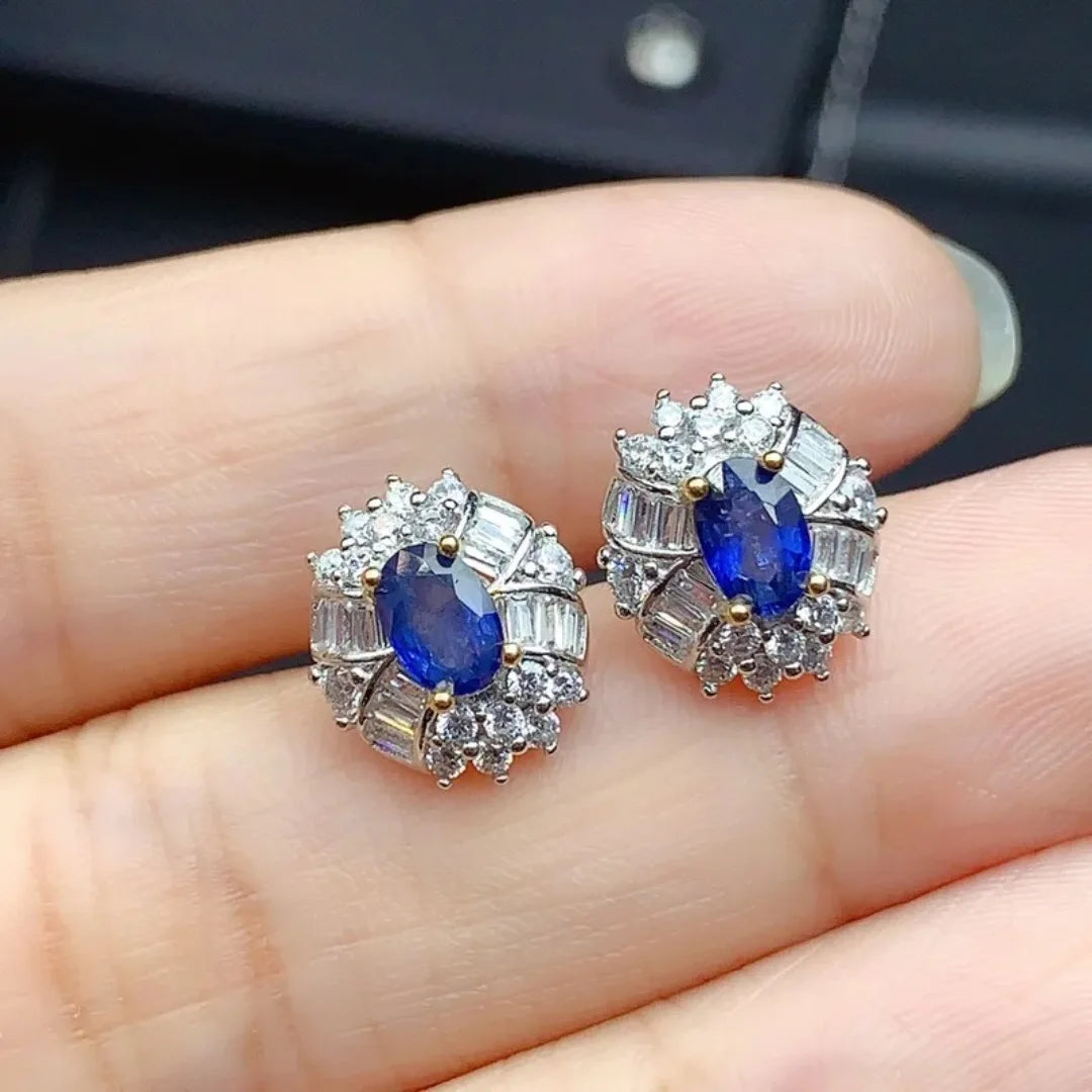 Natural Round 4mm*6mm Sapphire Small Earrings with Diamond Fine Jewelry for Girl Party Wear